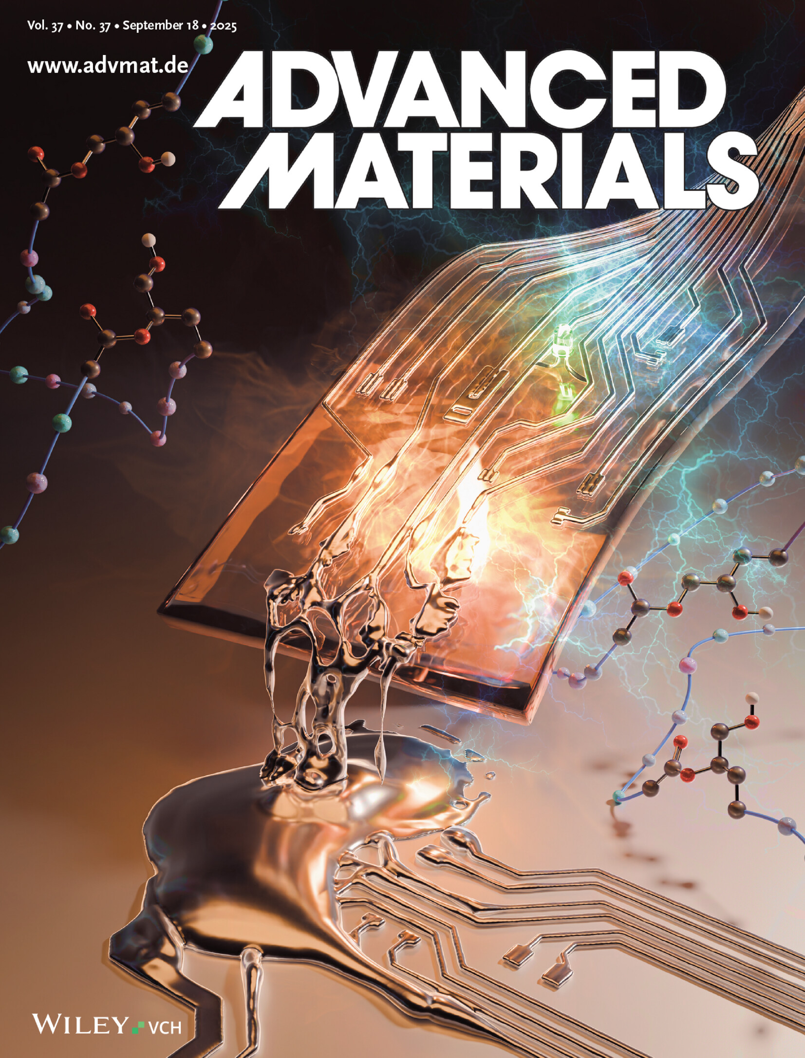Advanced Materials 2025 cover for liquid metal-vitrimer conductive composite paper