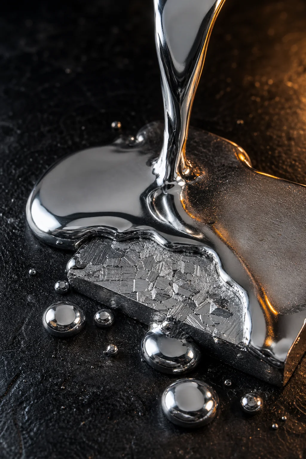 Reflective liquid metal flowing around a crystalline low-melting alloy specimen