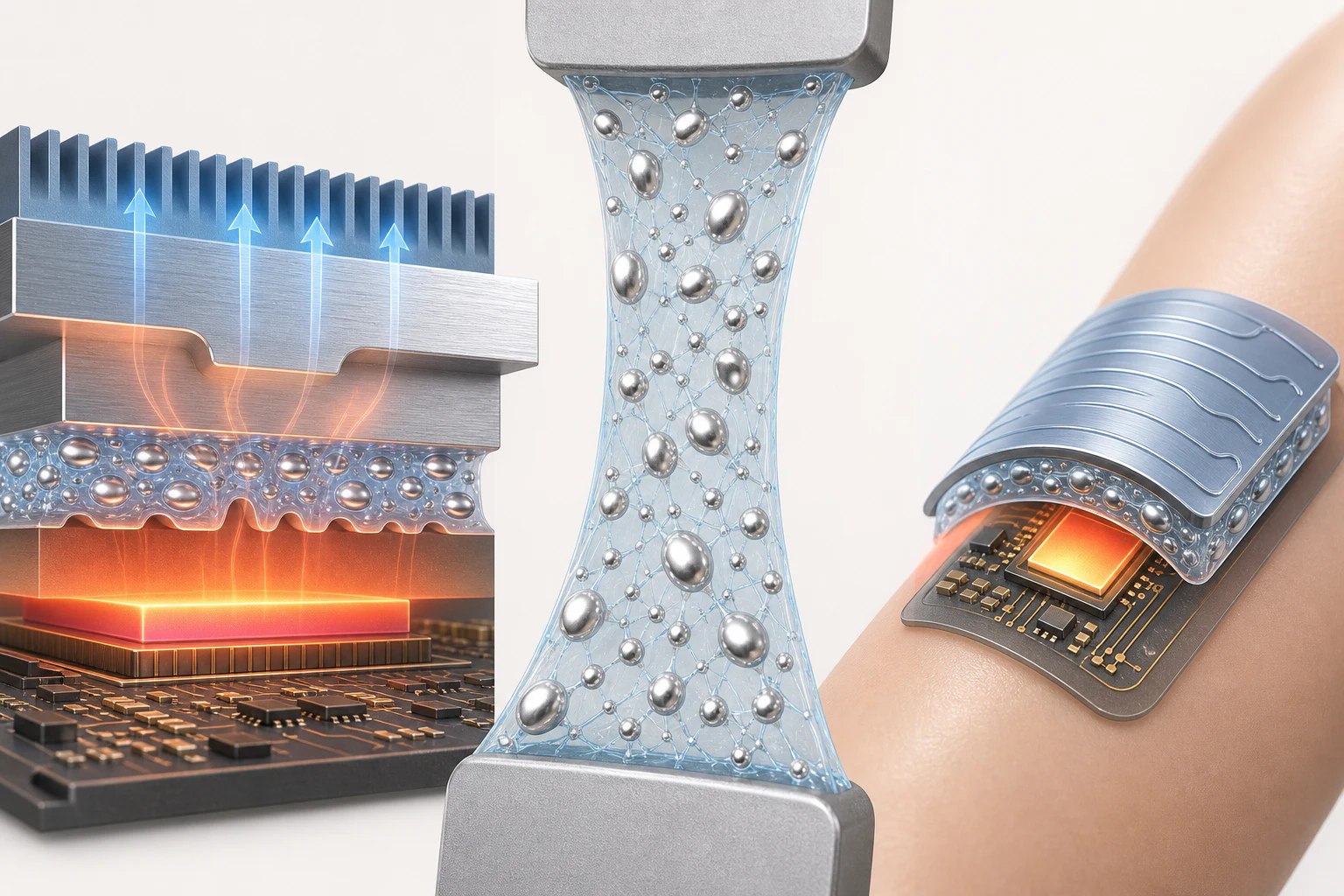 Concept illustration of a liquid-metal and polymer thermal interface between a heat source and a compliant heat spreader