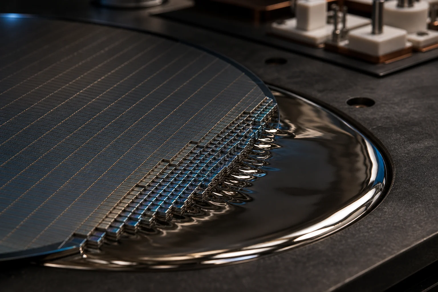Liquid metal at the interface of a wide-bandgap semiconductor wafer